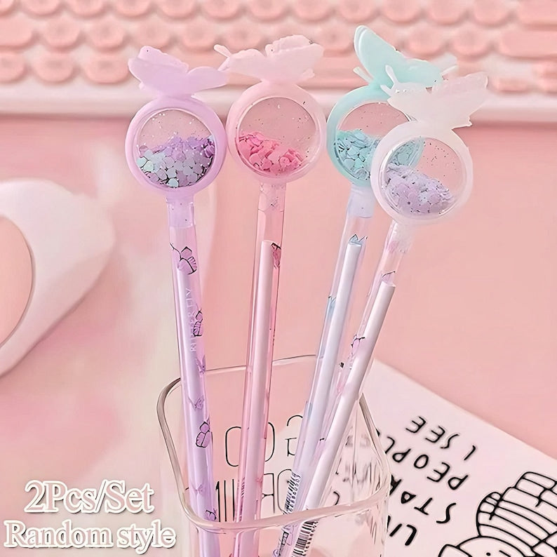 2Pcs Cute Butterfly Sequin Glitter Pens