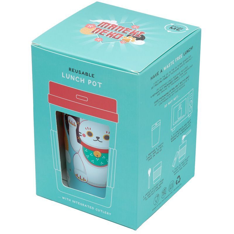 Maneki Neko Lucky Cat Reusable Lunch Pot / Snack Pot with Spork 500ml