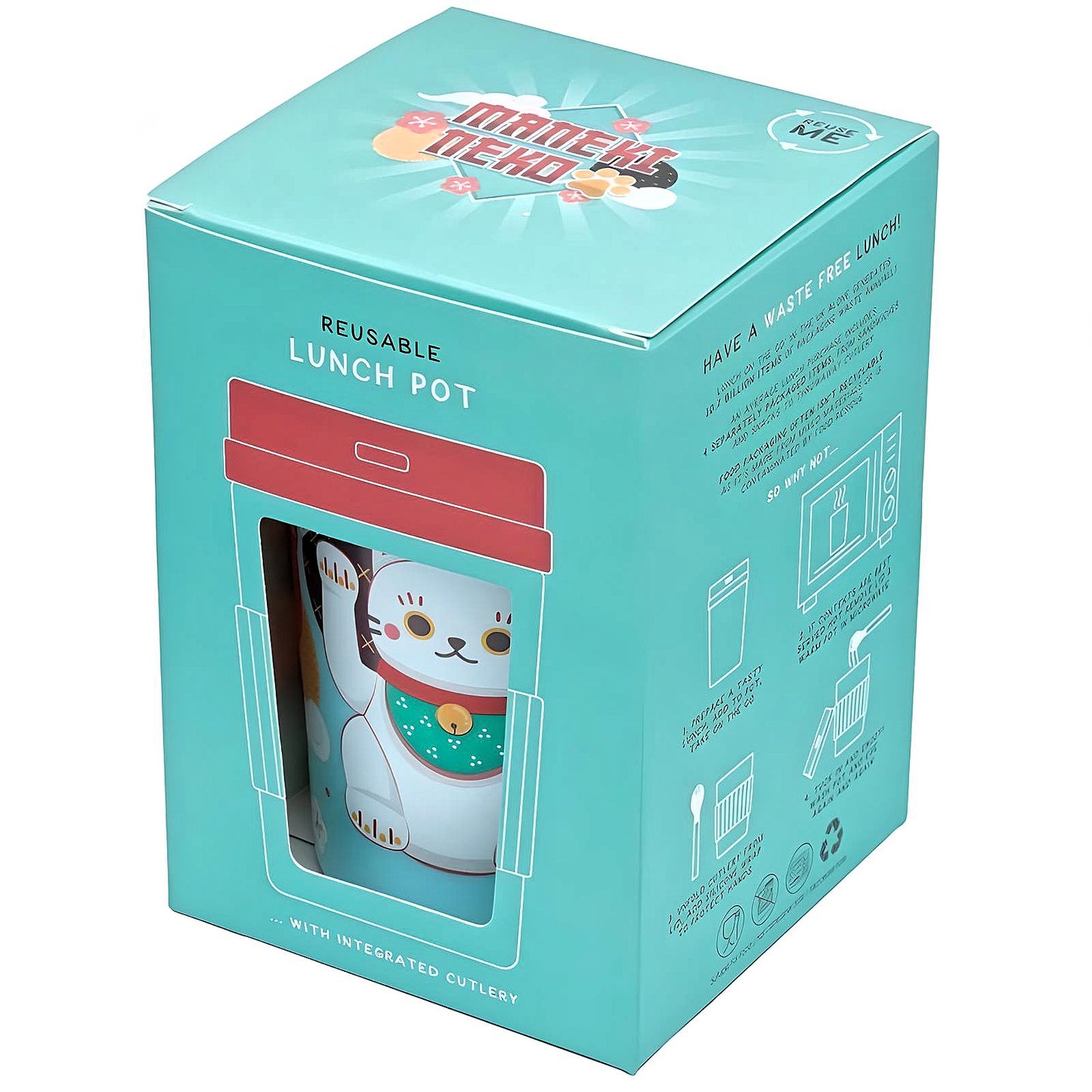 Maneki Neko Lucky Cat Reusable Lunch Pot / Snack Pot with Spork 500ml