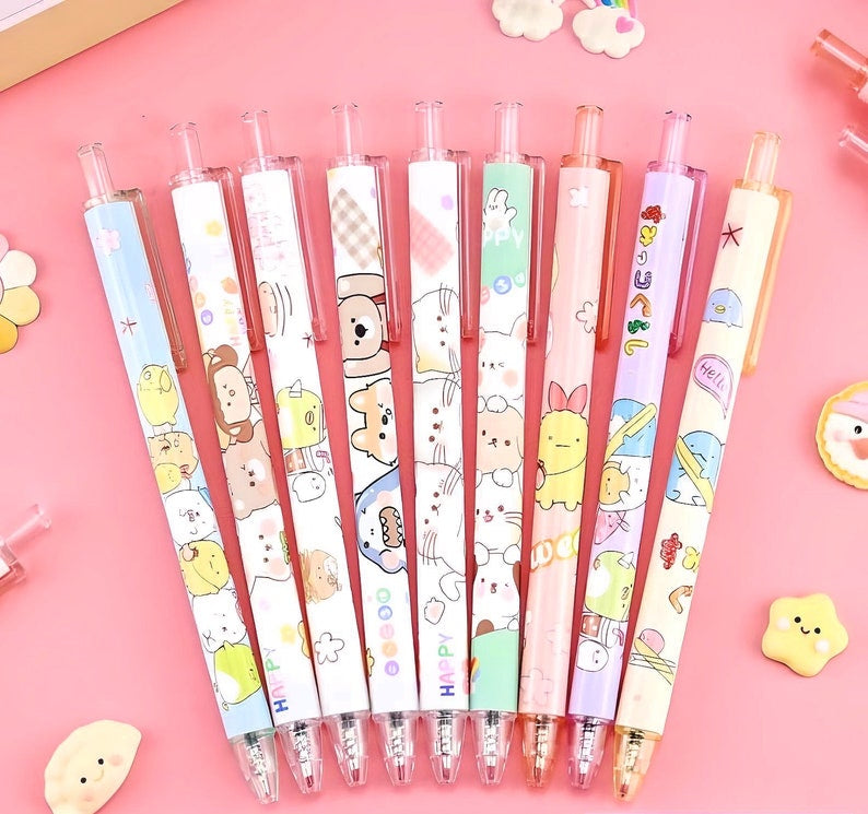 Kawaii Animals Retractable Gel Pens 6 Pens Mixed Set