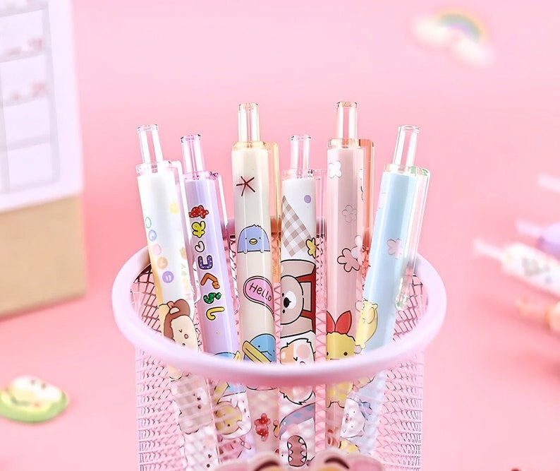 Kawaii Animals Retractable Gel Pens 6 Pens Mixed Set