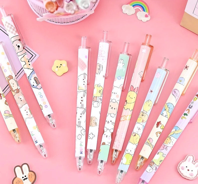 Kawaii Animals Retractable Gel Pens 6 Pens Mixed Set