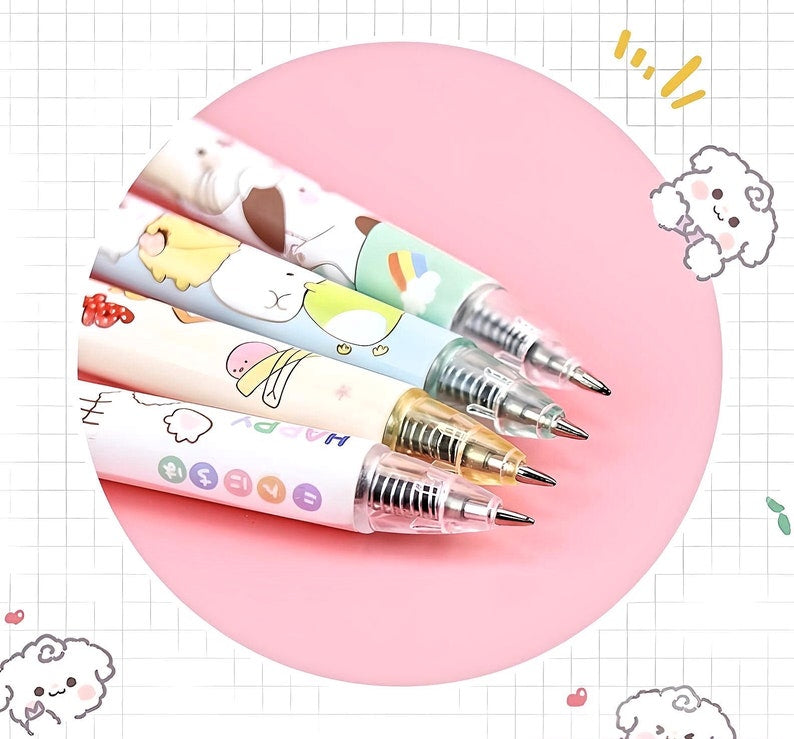Kawaii Animals Retractable Gel Pens 6 Pens Mixed Set