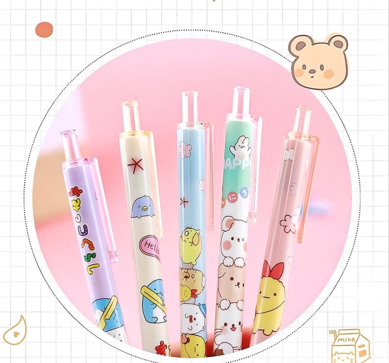 Kawaii Animals Retractable Gel Pens 6 Pens Mixed Set
