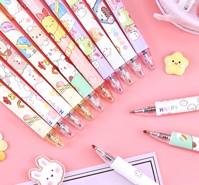 Kawaii Animals Retractable Gel Pens 6 Pens Mixed Set