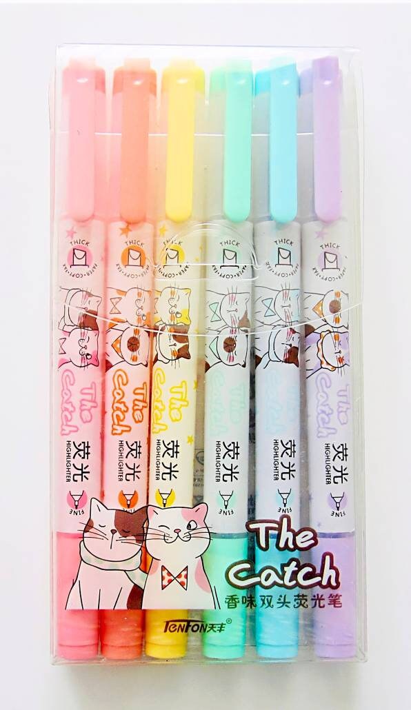 Double Sided Scented Kawaii Highlighters| Marker Pens | Set of 6 Cat Highlighters | Drawing| Journaling | Highlighting| Cute Crafts Japanese