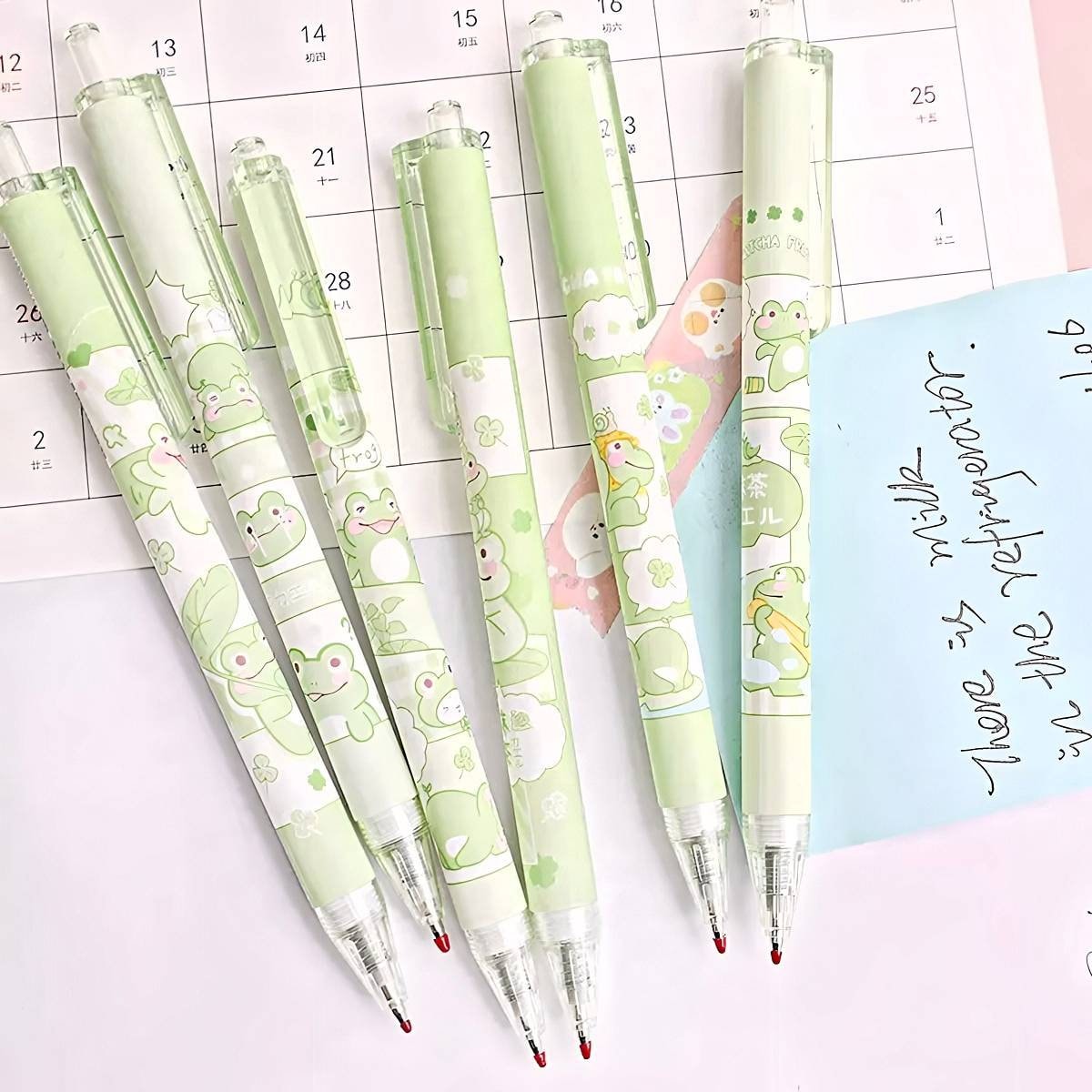 2Pcs Cute Cartoon Frog Pen Cute Neutral Pen Kawaii Kitsch 0.5mm black gel ink clicker pen School Supplies Office Stationery Pen duo