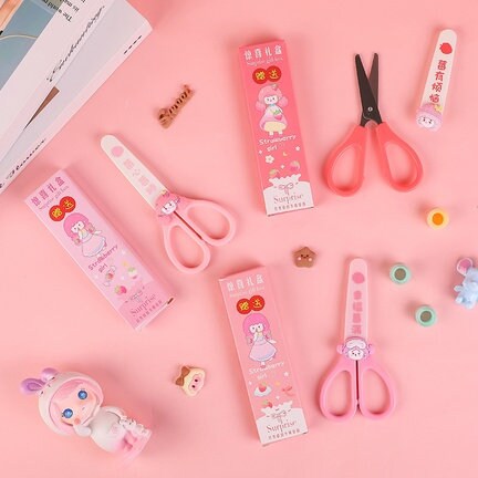 Cute cartoon scissors with protective cover and a surprise gift, Kawaii stationery kitsch, paper cutting, washi tape cutter, scrapbooking