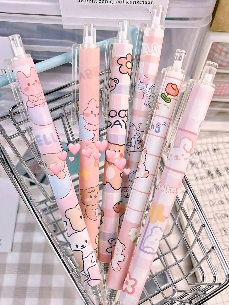 2Pcs Cute Cartoon Bear Pen Cute Neutral Pen Kawaii Kitsch 0.5mm black gel ink clicker pen School Supplies Office Stationery Pen duo