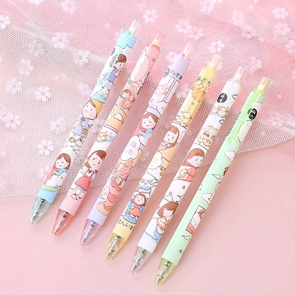 6Pcs Cute Pens Set, Cartoon Girl Kawaii Stationery, 0.5mm black gel ink clicker pen, Kawaii School Supplies, Gift for friends