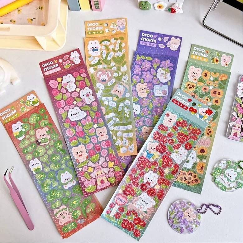 Deco Sticker Sheet Set for Scrapbook DIY Diary Planner, Cute Journal Supplies, Waterproof Stickers, Kawaii Bunny Stickers Highlighter Decal