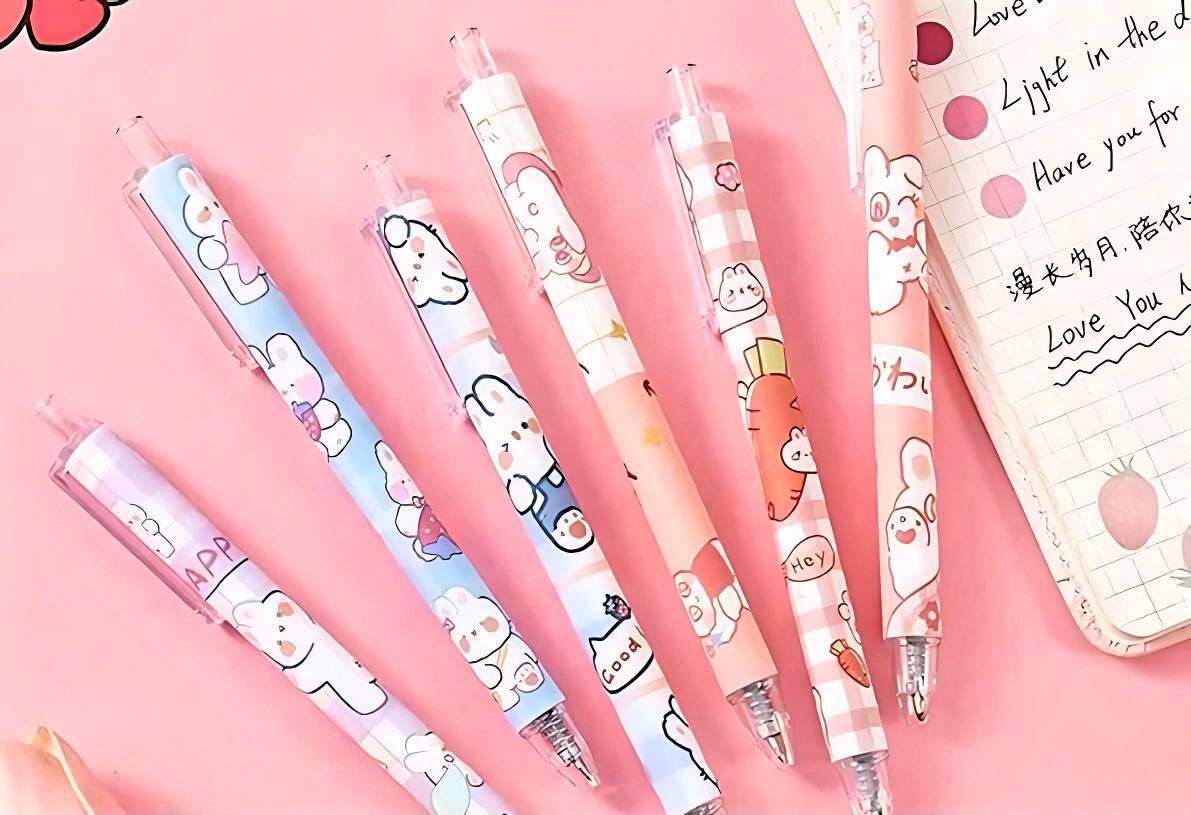2Pcs Cute Bunny Pen Cute Rabbit Pen Kawaii Stationery Set Kawaii Kitsch black gel ink clicker pen School Supplies Office Stationery Pen duo