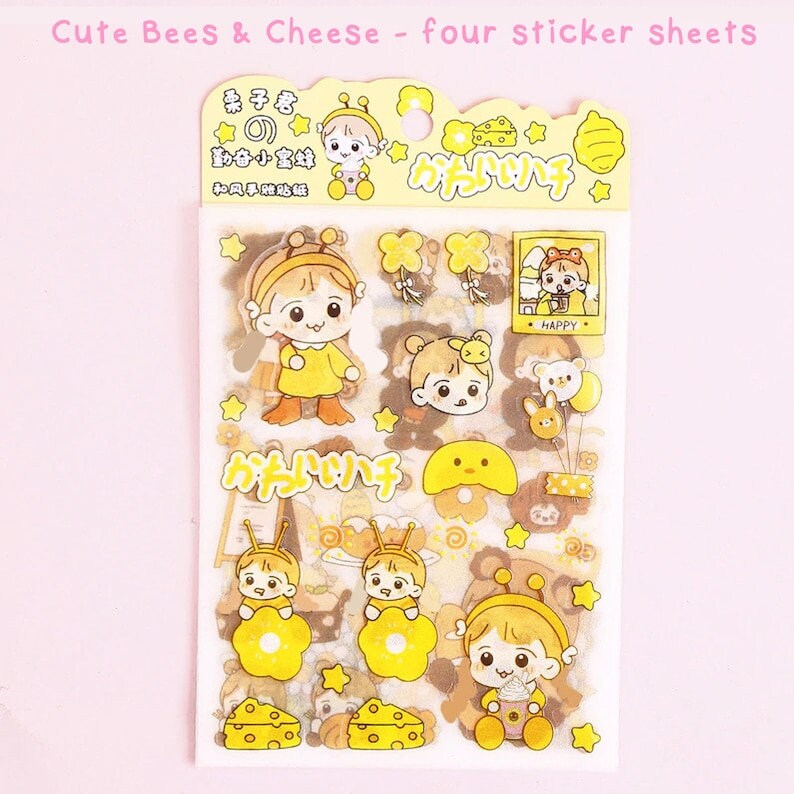Cute Kawaii Stickers, Cute Sticker Sheets, Yellow Stickers, Pink Stickers, Green Stickers, Sticker Sheet Set, Journal Sticker, Girl Stickers