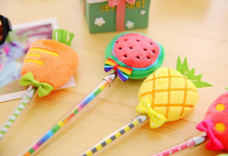 Cute Gel Pens | Creative Fruit Design Pen| Fluffy Velvet Bow Kawaii Pens| Cute School Supplies| Cute Office Stationery Plush Pens