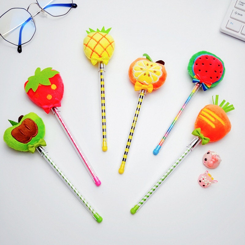 Cute Gel Pens | Creative Fruit Design Pen| Fluffy Velvet Bow Kawaii Pens| Cute School Supplies| Cute Office Stationery Plush Pens