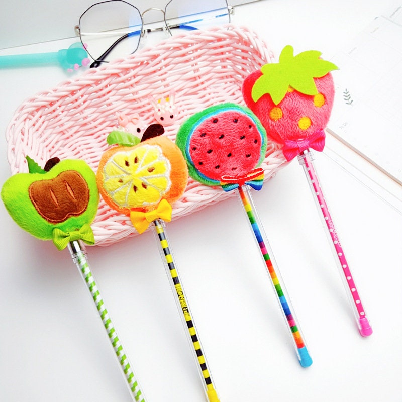 Cute Gel Pens | Creative Fruit Design Pen| Fluffy Velvet Bow Kawaii Pens| Cute School Supplies| Cute Office Stationery Plush Pens