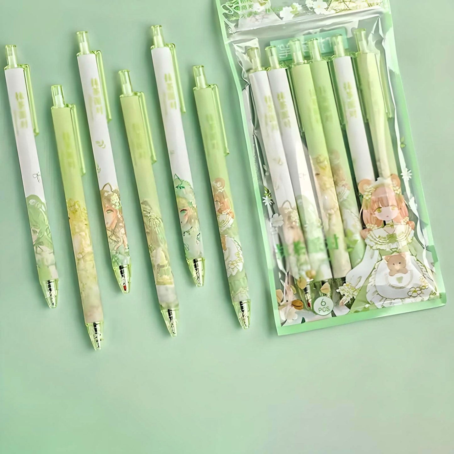 6Pcs Cute Cartoon Girl Fairy Pen| Cute Neutral Pen| Kawaii Kitsch 0.5mm black gel ink clicker pen| School Supplies Office Stationery Pen Set