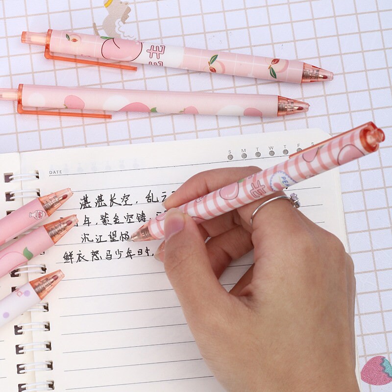 2Pcs Cute Cute Cartoon Pink Peach Push Gel Ink| Neutral Pen| School Student Stationery| Girl Stationery| Cute Gift Pen Duo