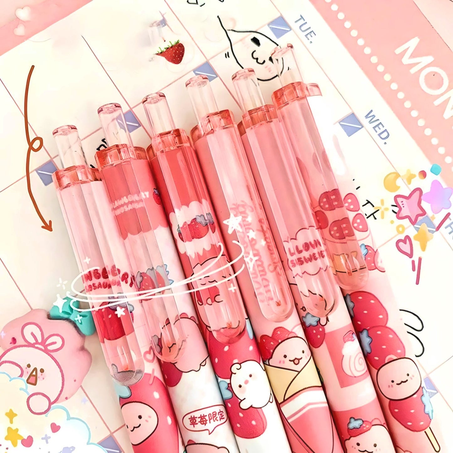 2Pcs Cute Strawberry Pen| Cute Stationery |Kawaii Kitsch |0.5mm black gel ink clicker Kawaii pen | School Supplies Office Stationery Pen duo