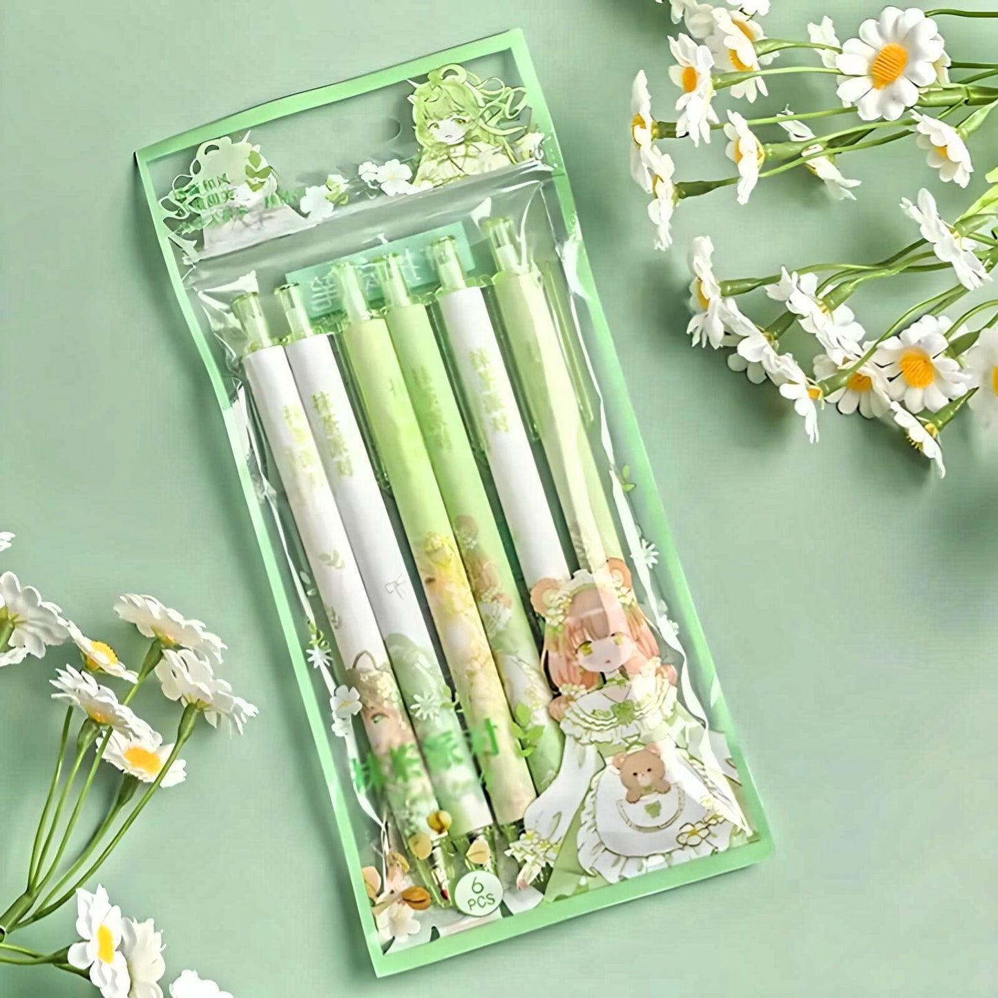6Pcs Cute Cartoon Girl Fairy Pen| Cute Neutral Pen| Kawaii Kitsch 0.5mm black gel ink clicker pen| School Supplies Office Stationery Pen Set