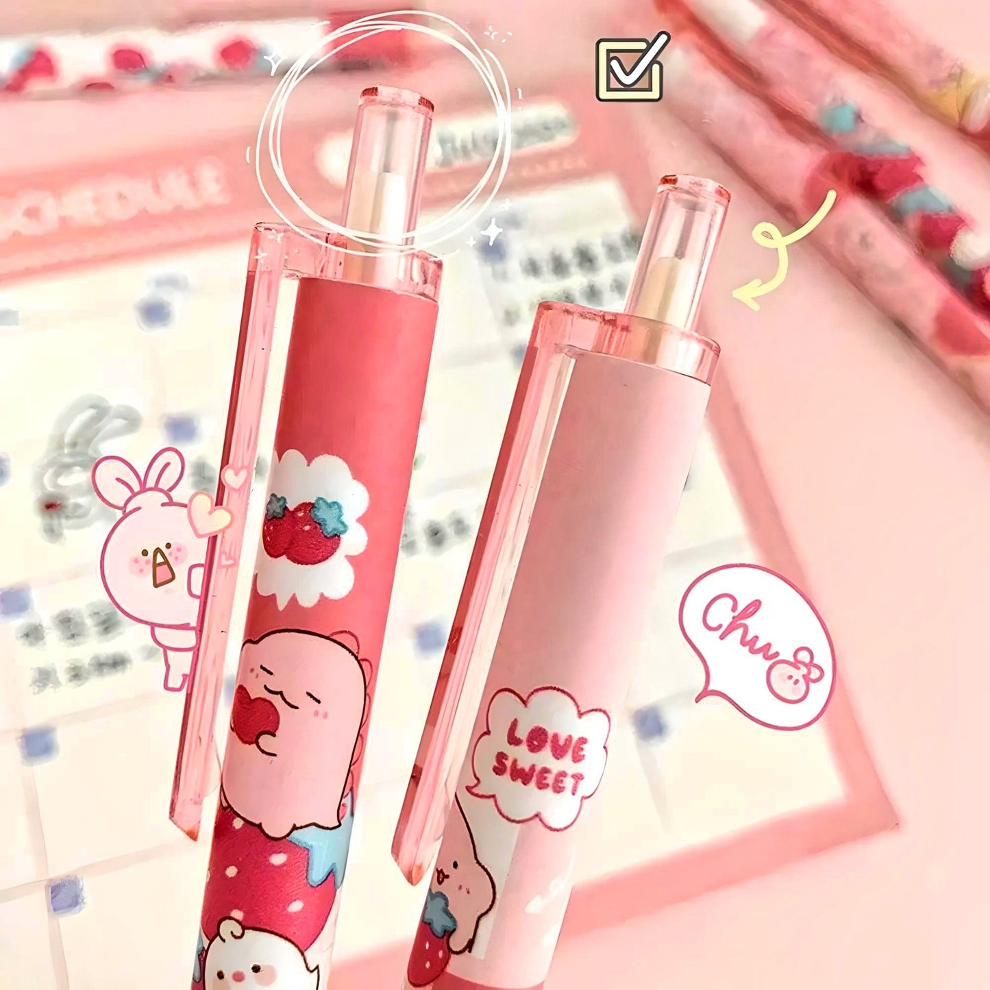 2Pcs Cute Strawberry Pen| Cute Stationery |Kawaii Kitsch |0.5mm black gel ink clicker Kawaii pen | School Supplies Office Stationery Pen duo