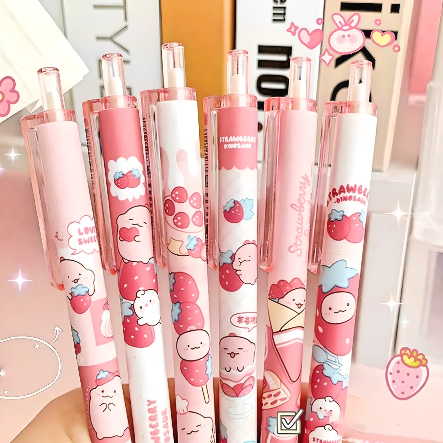 2Pcs Cute Strawberry Pen| Cute Stationery |Kawaii Kitsch |0.5mm black gel ink clicker Kawaii pen | School Supplies Office Stationery Pen duo