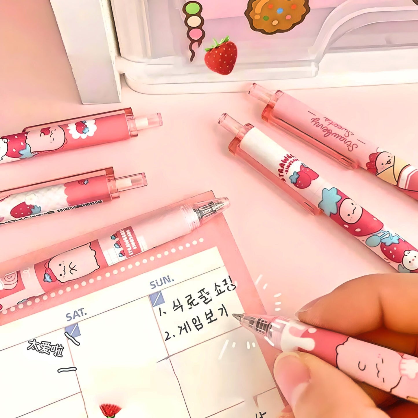 2Pcs Cute Strawberry Pen| Cute Stationery |Kawaii Kitsch |0.5mm black gel ink clicker Kawaii pen | School Supplies Office Stationery Pen duo