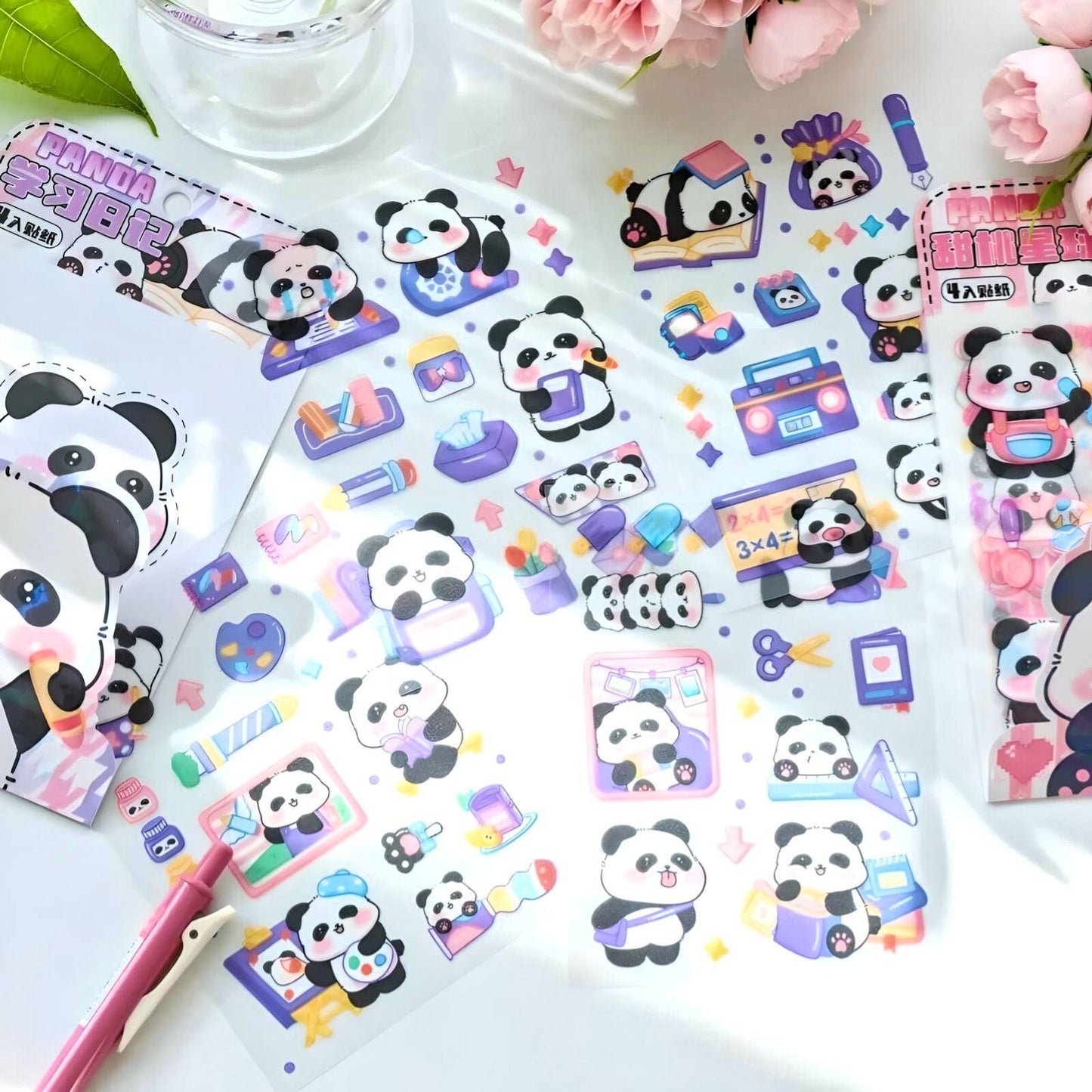 Kawaii Stickers Sheet Set for Bullet Journal Scrapbooking DIY Diary Planner Waterproof Sticker Sheet, Kawaii Panda Sticker Highlighter Decal