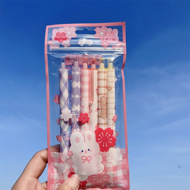 6Pcs Cute Bunny Pen Cute Rabbit Pen Kawaii Stationery Set Kawaii Kitsch black gel ink clicker pen School Supplies Office Stationery Pen Set