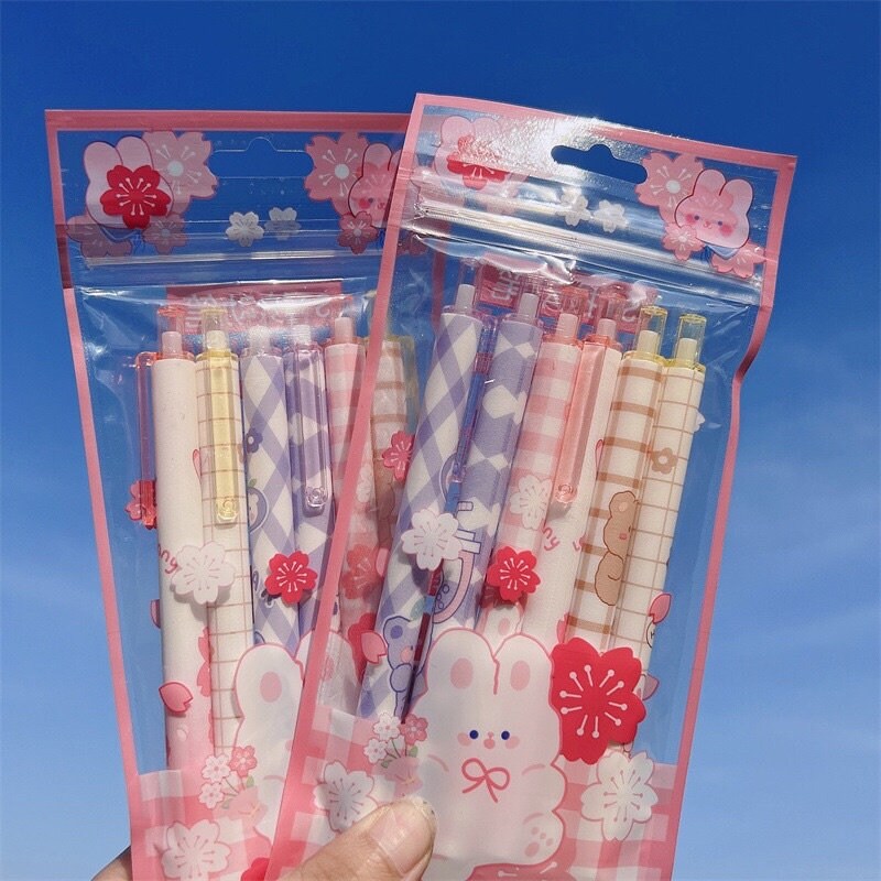 6Pcs Cute Bunny Pen Cute Rabbit Pen Kawaii Stationery Set Kawaii Kitsch black gel ink clicker pen School Supplies Office Stationery Pen Set