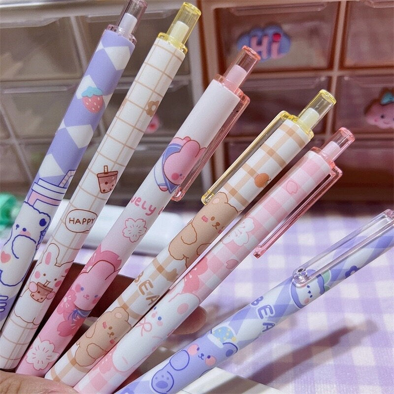 6Pcs Cute Bunny Pen Cute Rabbit Pen Kawaii Stationery Set Kawaii Kitsch black gel ink clicker pen School Supplies Office Stationery Pen Set