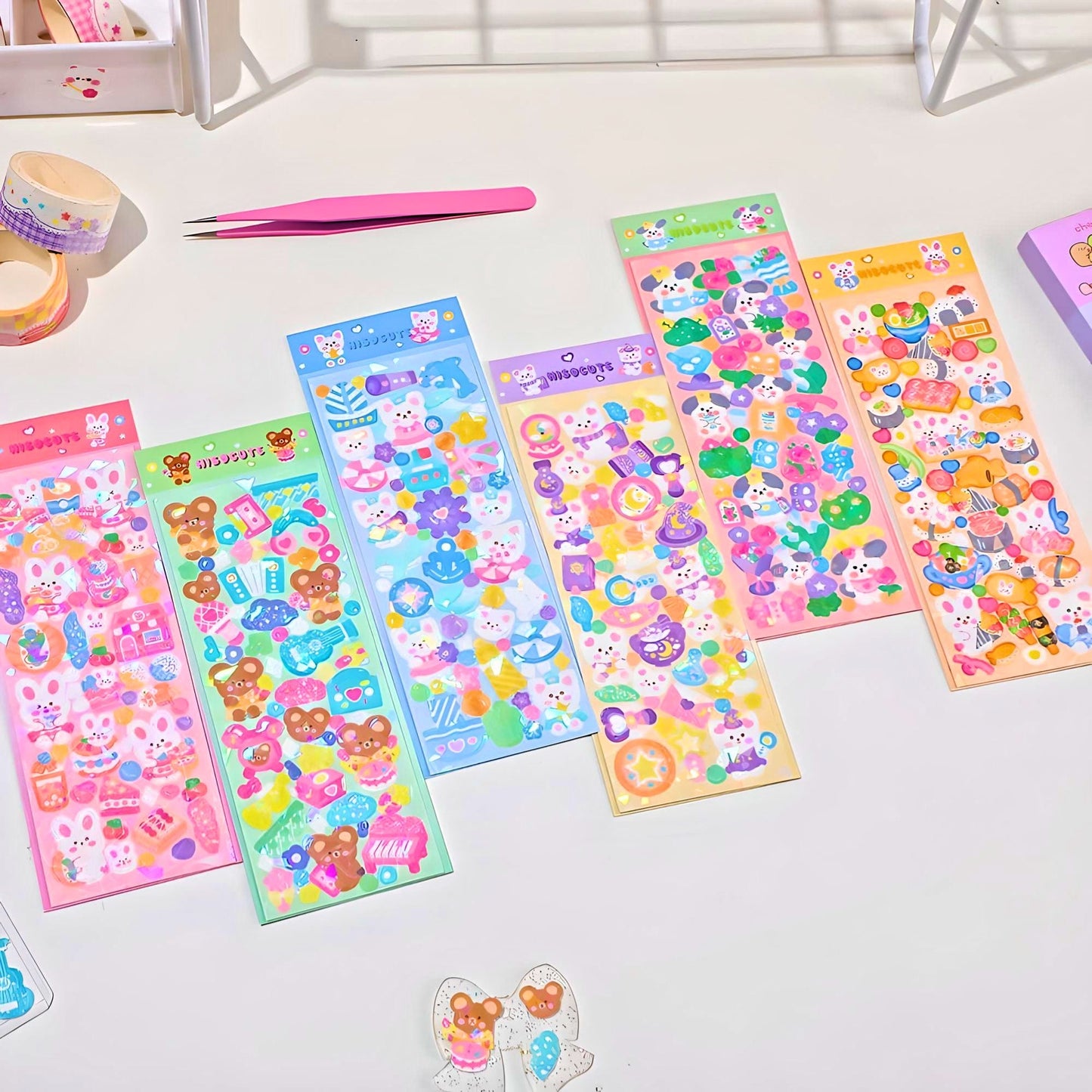 6Pcs Cute Bunny Stickers, Sticker Sheet Set for Journal, Kawaii Stickers, Scrapbook, Waterproof Sticker, Cute Gift for Kids, Stocking Filler
