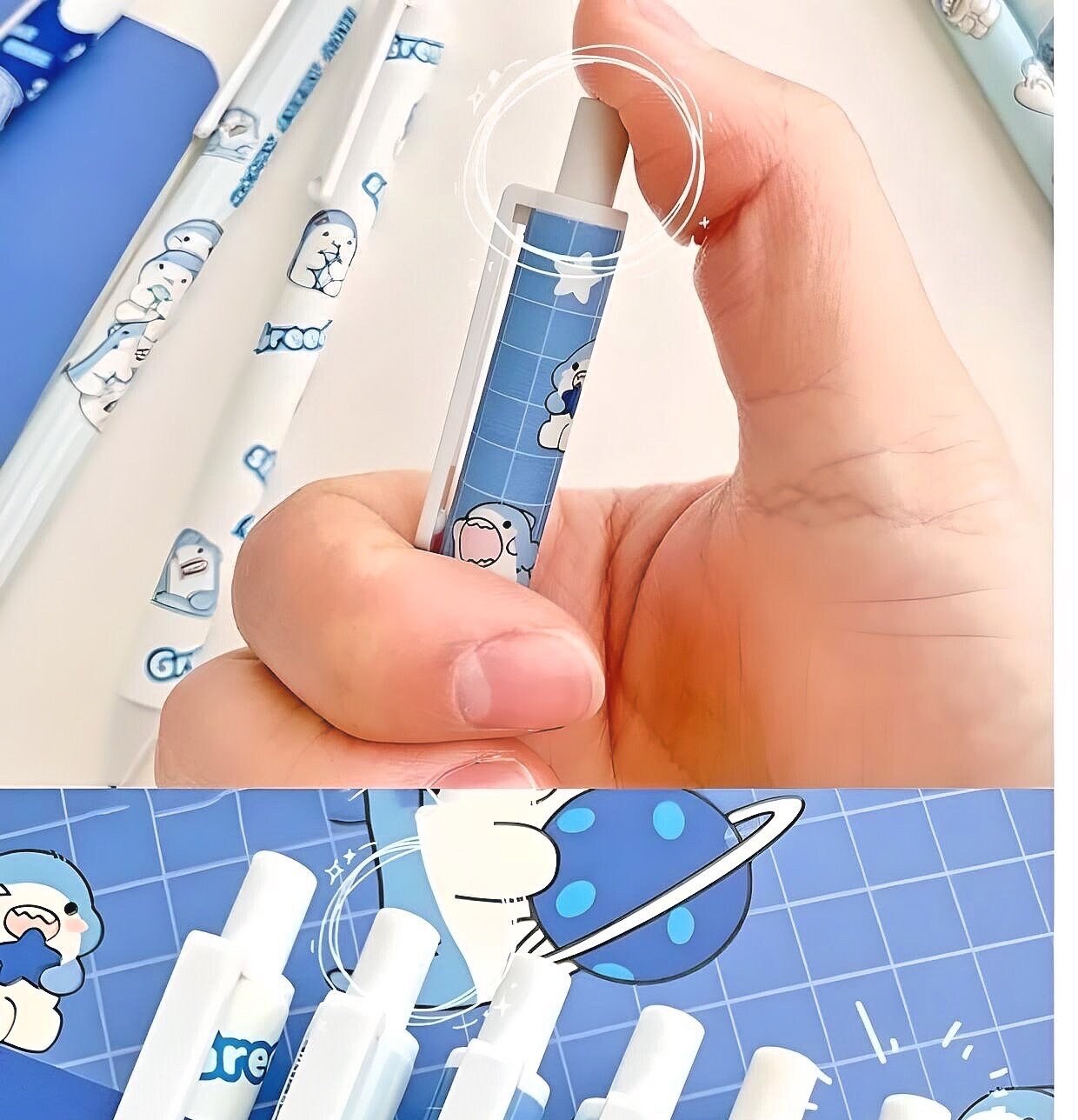 2Pcs Cute Baby Shark Pen| Cute Stationery |Kawaii Kitsch |0.5mm black gel ink clicker Kawaii pen | School Supplies Office Stationery Pen duo