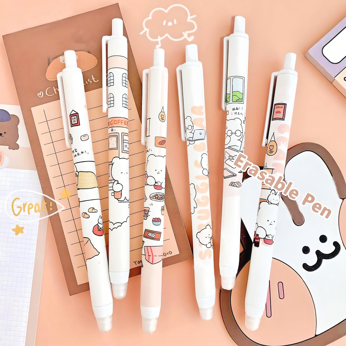 SALE 12 Pcs Kawaii Bear Pen Set, Cute Stationery, Cute Gel Pens, Neutral Pen 0.5mm blue gel Erasable pen School Supplies, Student Stationery