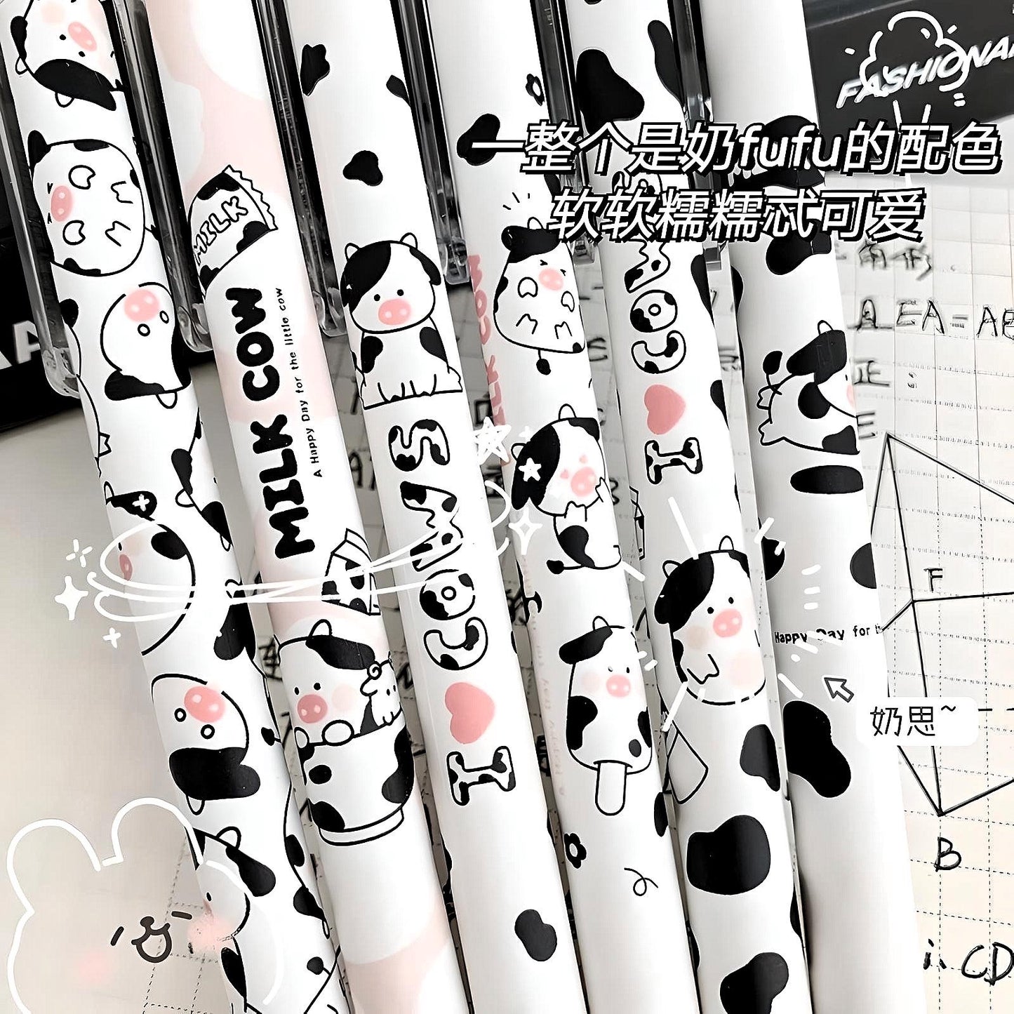 2Pcs Cute Cartoon Cow Pen Cute Neutral Pen Kawaii Kitsch 0.5mm black gel ink clicker pen School Supplies Office Stationery Pen duo