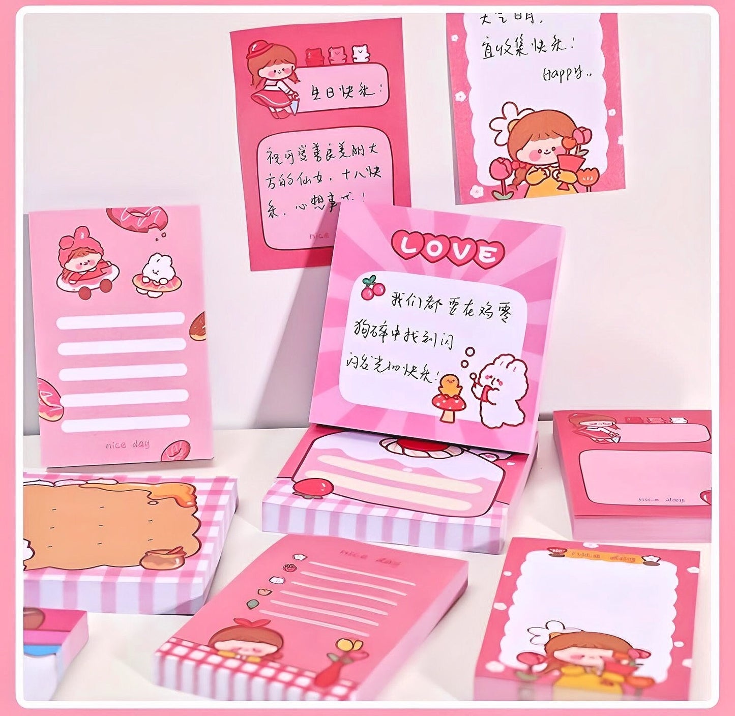 2Pcs Kawaii Pink Memo Pads | Cute Notes | Kawaii Notepad | Japanese Memo Notes | Cute Scrapbooking | Cute Gifts for Kids | Cute Stationery