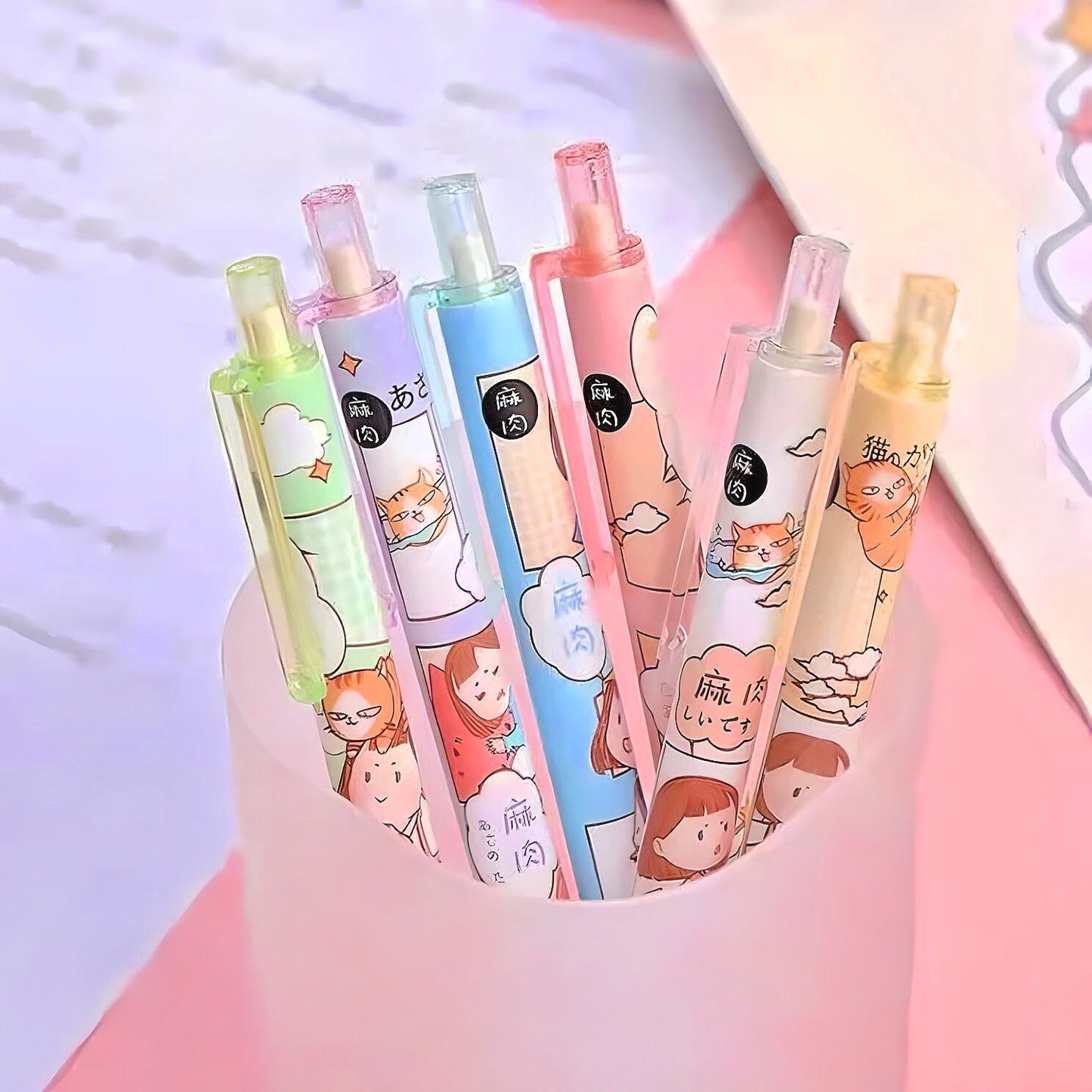 6Pcs Cute Pens Set, Cartoon Girl Kawaii Stationery, 0.5mm black gel ink clicker pen, Kawaii School Supplies, Gift for friends