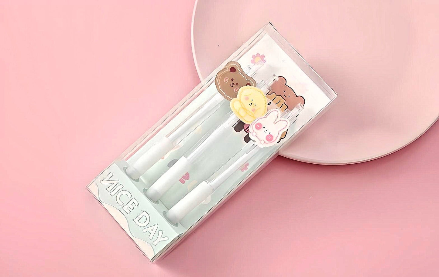 3Pcs Cute Bear Puppy Bunny Pens Set | Cute Pens Kawaii Stationery black gel clicker pen School Supplies Office Stationery Pen Gift for Kids