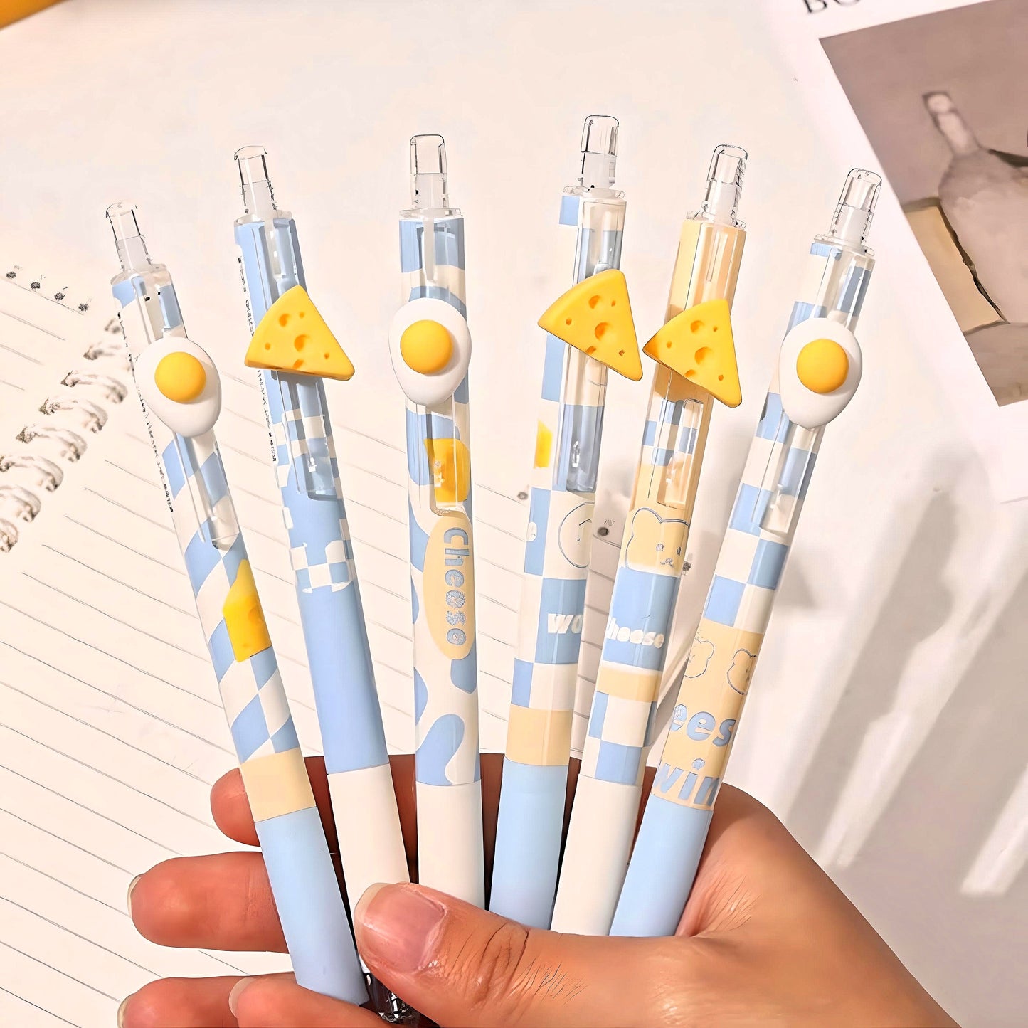 6Pcs Cute Cheese Pens| Cute Neutral Pen| Kawaii Kitsch 0.5mm black gel ink clicker pen| School Supplies Office Stationery Pen Set