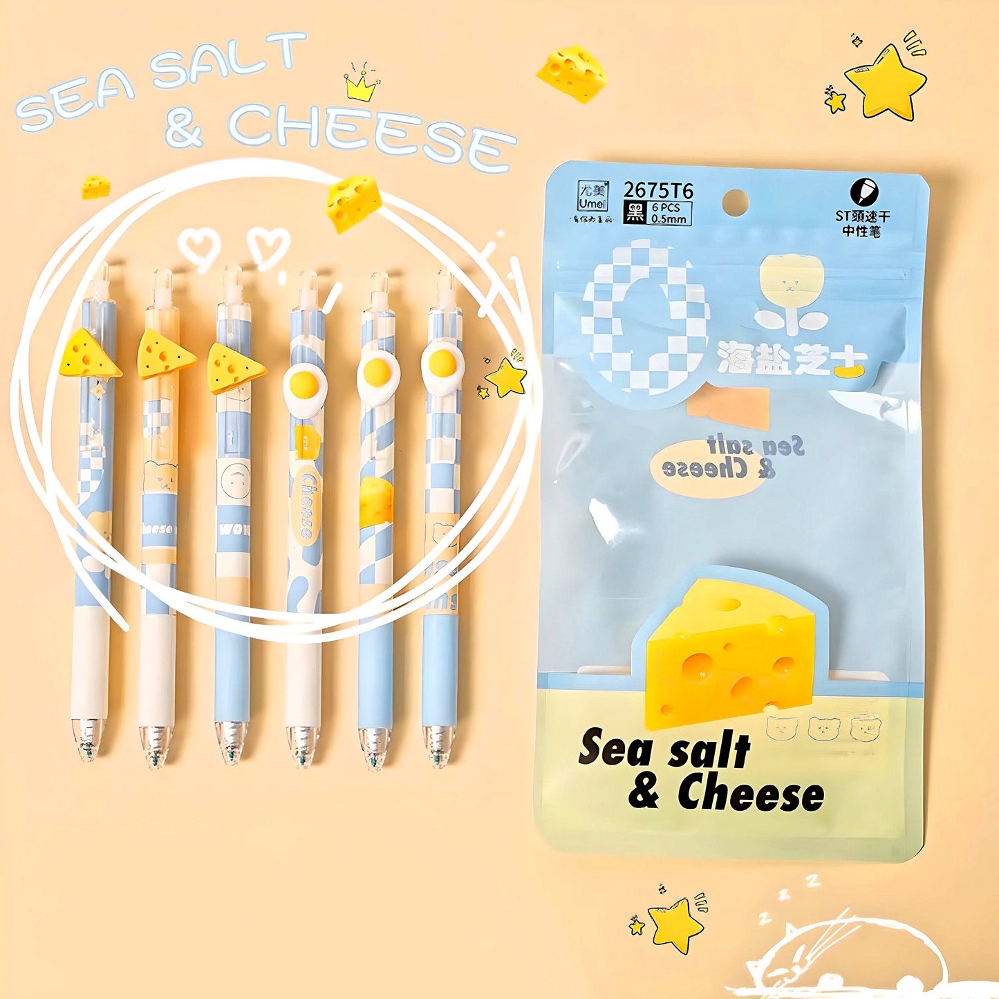 6Pcs Cute Cheese Pens| Cute Neutral Pen| Kawaii Kitsch 0.5mm black gel ink clicker pen| School Supplies Office Stationery Pen Set