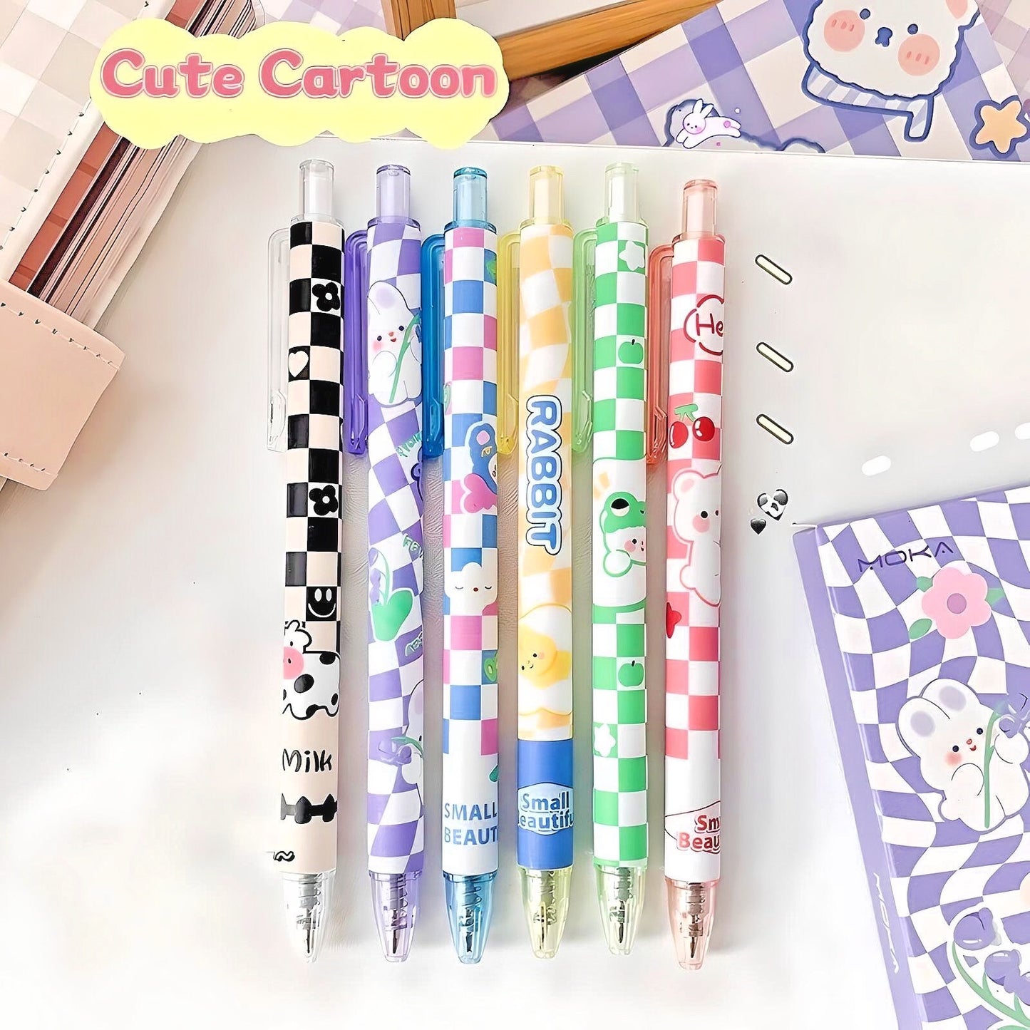 6Pcs Cute Pens Set Boxed, Kawaii Clicker Pens, 0.5mm black gel ink clicker pen, Kawaii School Supplies, Kawaii Bunny Stationery