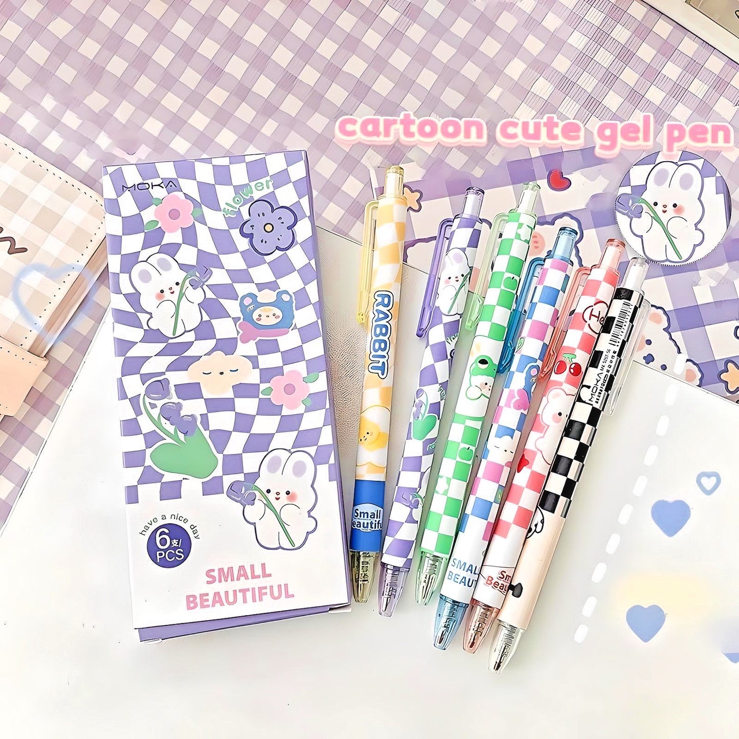 6Pcs Cute Pens Set Boxed, Kawaii Clicker Pens, 0.5mm black gel ink clicker pen, Kawaii School Supplies, Kawaii Bunny Stationery