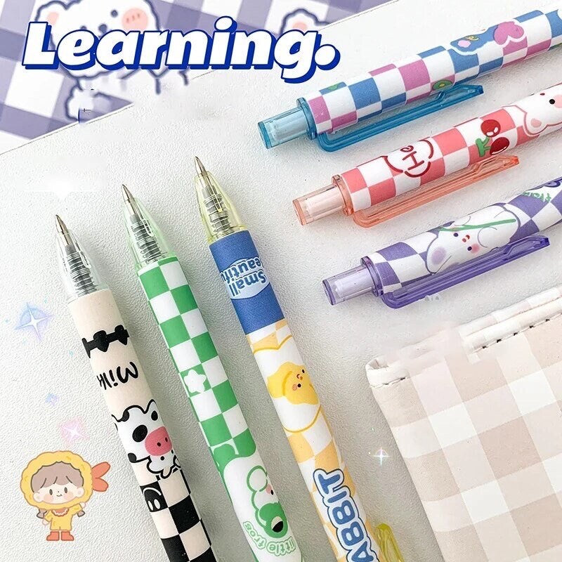 6Pcs Cute Pens Set Boxed, Kawaii Clicker Pens, 0.5mm black gel ink clicker pen, Kawaii School Supplies, Kawaii Bunny Stationery
