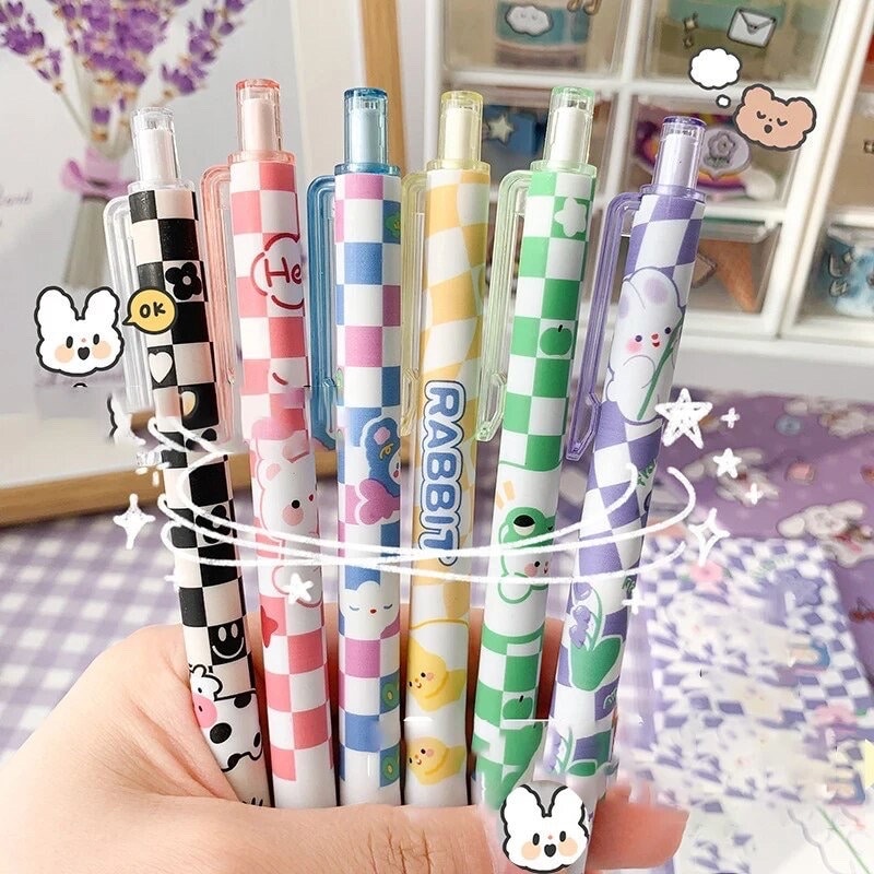 6Pcs Cute Pens Set Boxed, Kawaii Clicker Pens, 0.5mm black gel ink clicker pen, Kawaii School Supplies, Kawaii Bunny Stationery