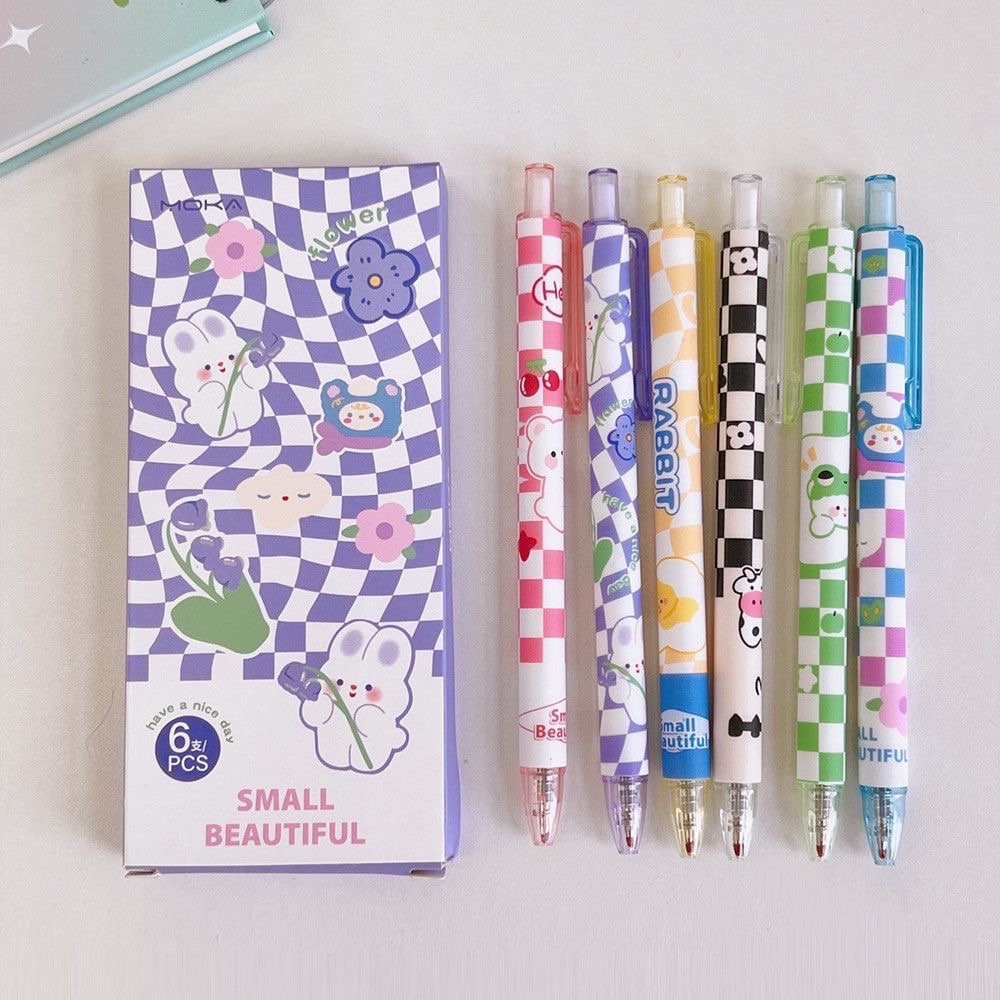 6Pcs Cute Pens Set Boxed, Kawaii Clicker Pens, 0.5mm black gel ink clicker pen, Kawaii School Supplies, Kawaii Bunny Stationery