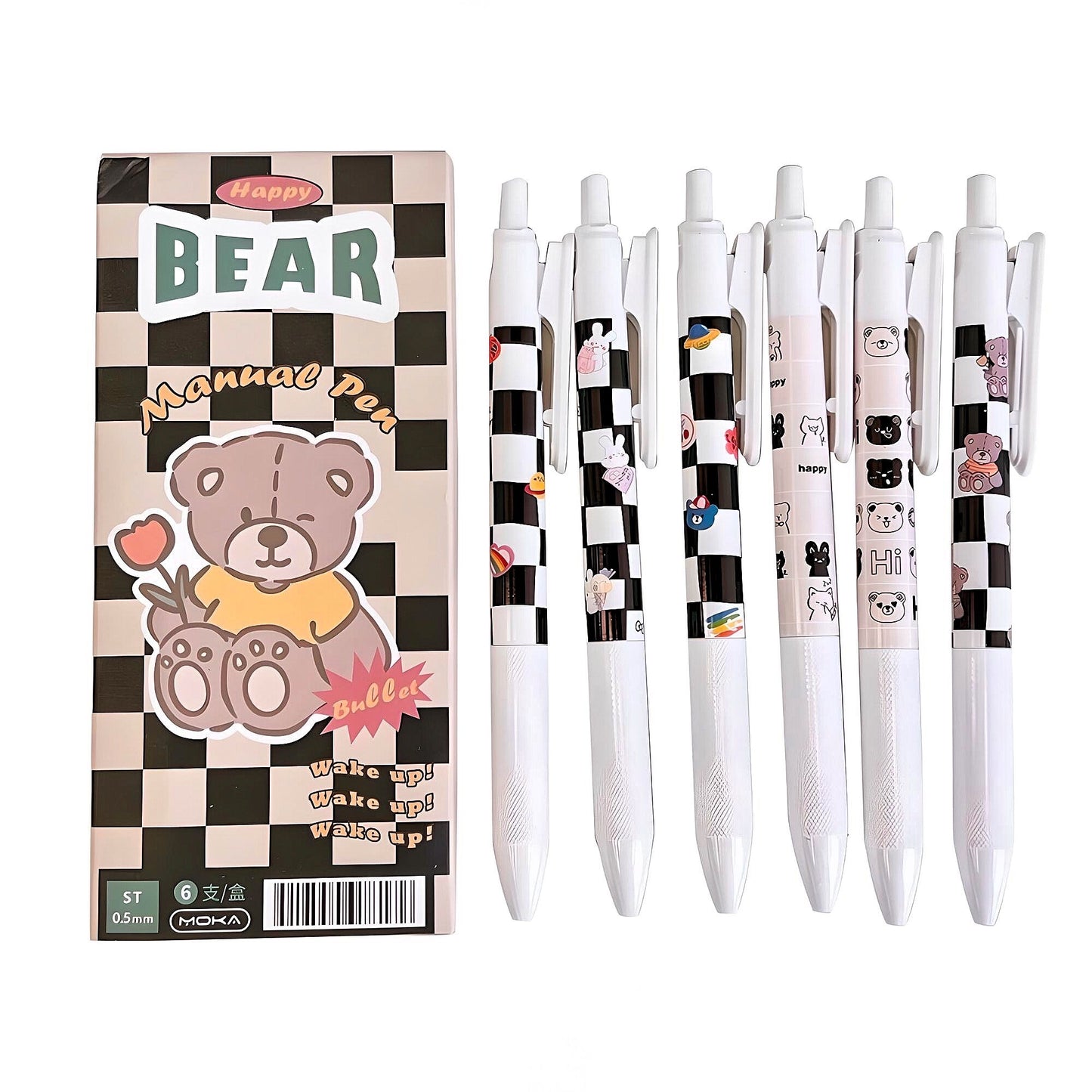 6Pcs Cute Pens Set Boxed, Black and White Pens, 0.5mm black gel ink clicker pen, Kawaii School Supplies, Kawaii Bear Stationery