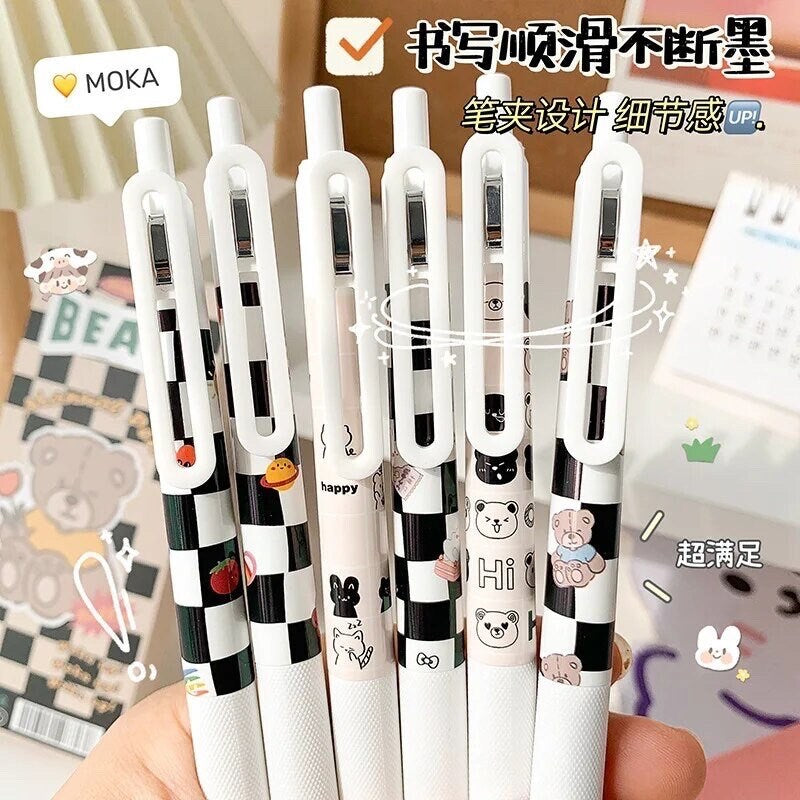 6Pcs Cute Pens Set Boxed, Black and White Pens, 0.5mm black gel ink clicker pen, Kawaii School Supplies, Kawaii Bear Stationery