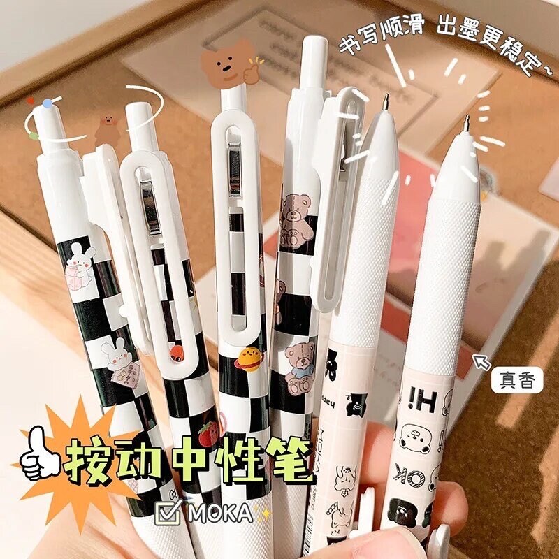 6Pcs Cute Pens Set Boxed, Black and White Pens, 0.5mm black gel ink clicker pen, Kawaii School Supplies, Kawaii Bear Stationery