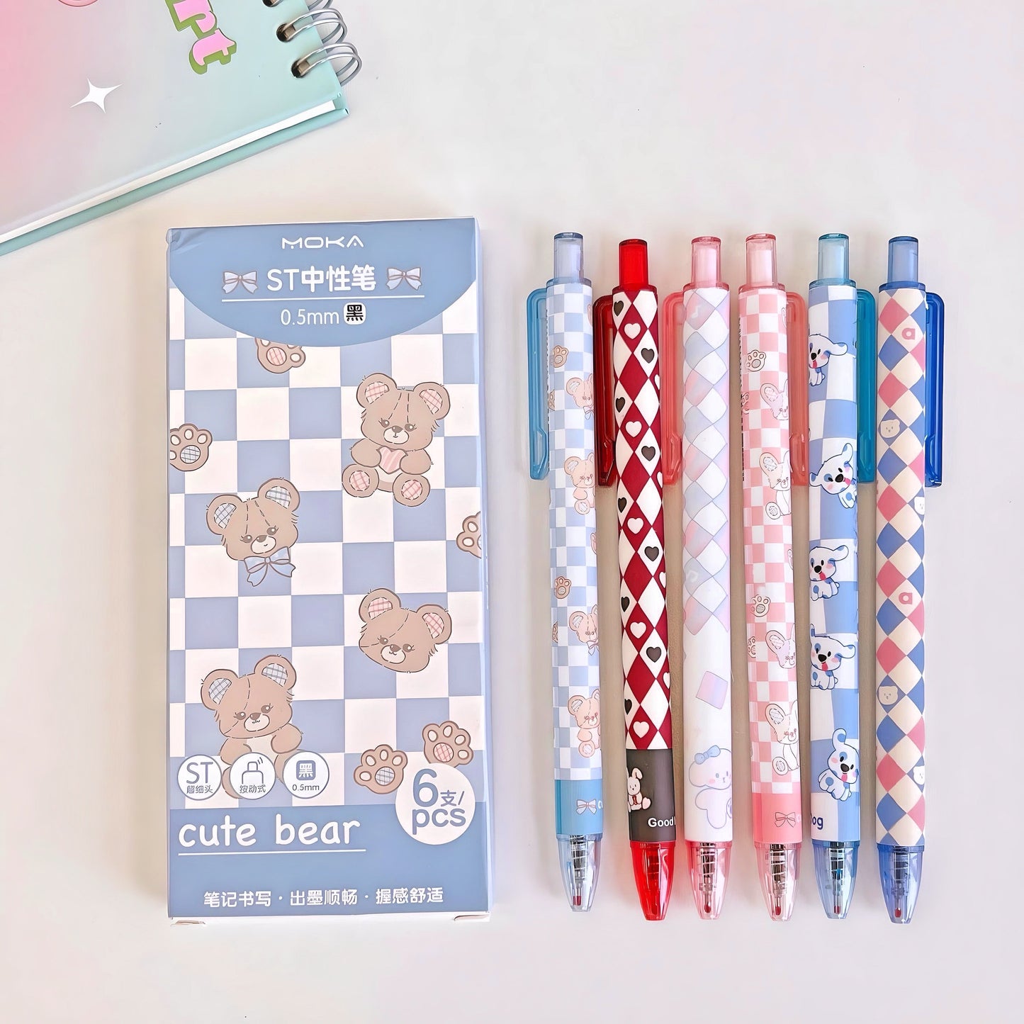 6Pcs Cute Pens Set Boxed, Cartoon Bunny Bear Puppy Pens, 0.5mm black gel ink clicker pen, Kawaii School Supplies, Kawaii Cute Stationery