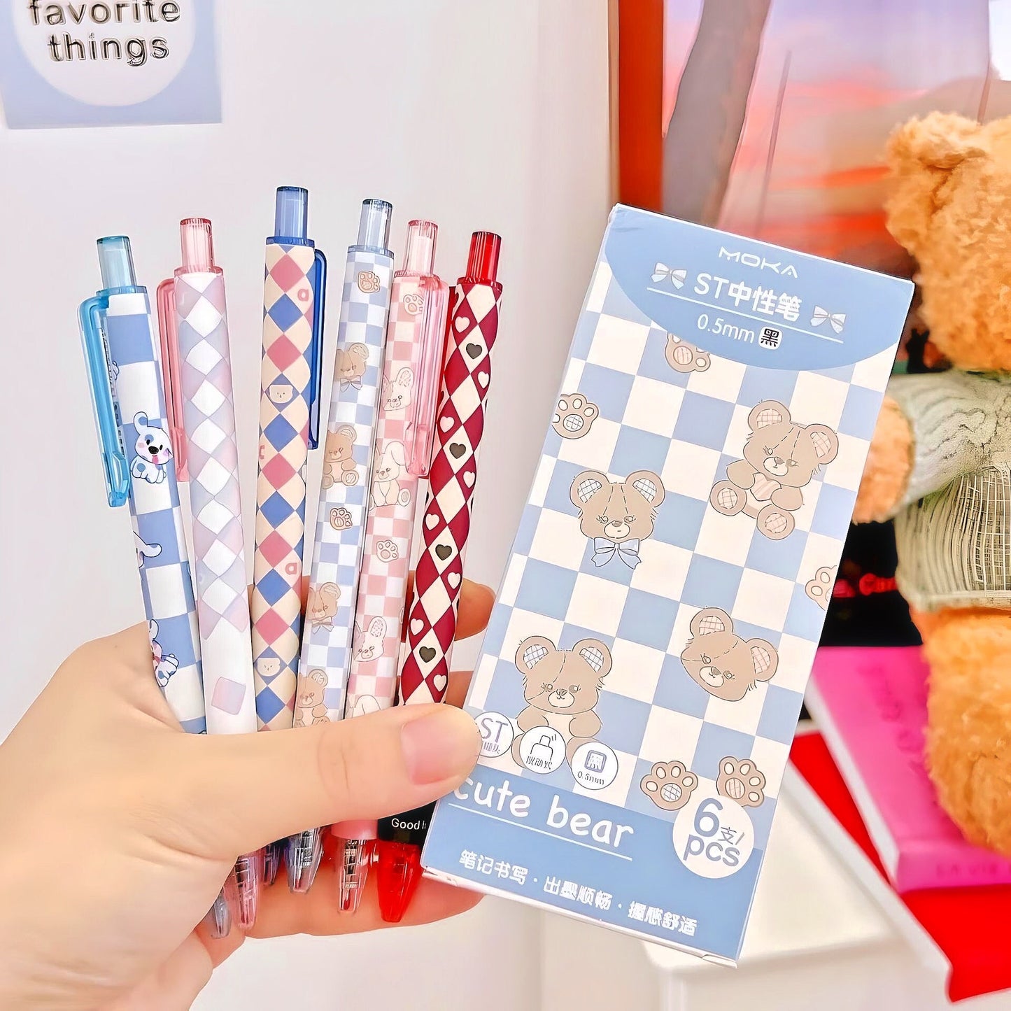 6Pcs Cute Pens Set Boxed, Cartoon Bunny Bear Puppy Pens, 0.5mm black gel ink clicker pen, Kawaii School Supplies, Kawaii Cute Stationery